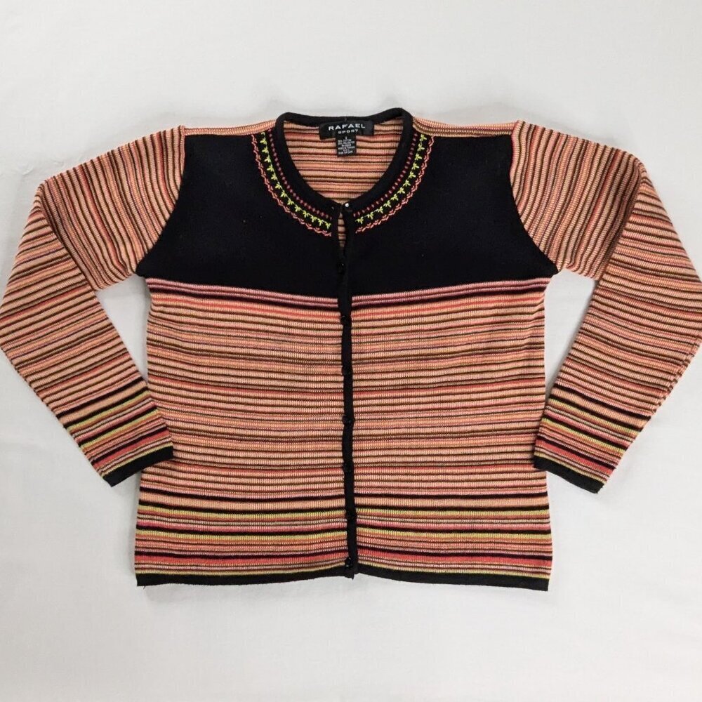 VTG Pink Black Stripe Button Front Embroidered Neckline Cardigan